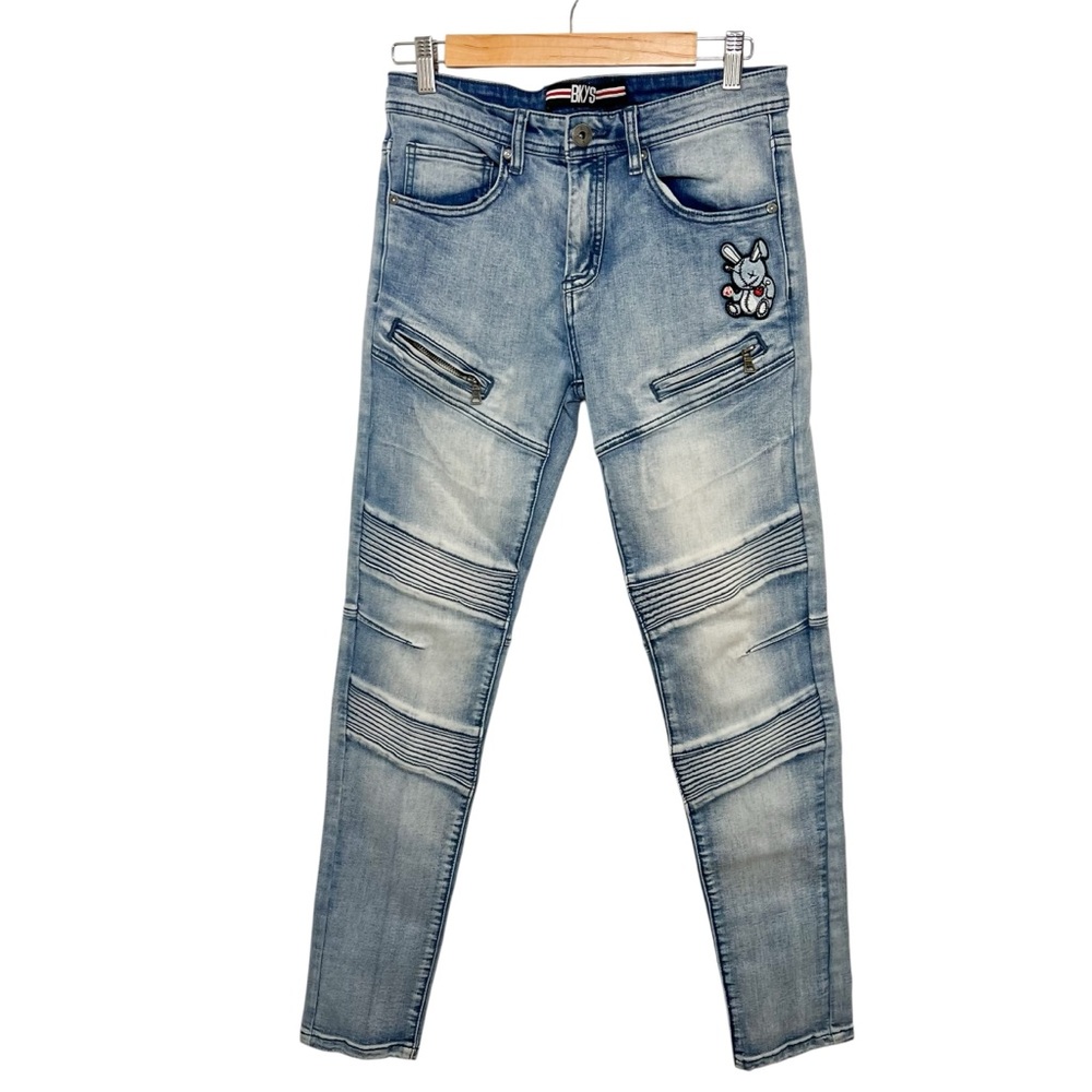 Biker Jeans Light Blue Wash Ribbed Knee Patch Bunny Applique Menswear 30 X 32